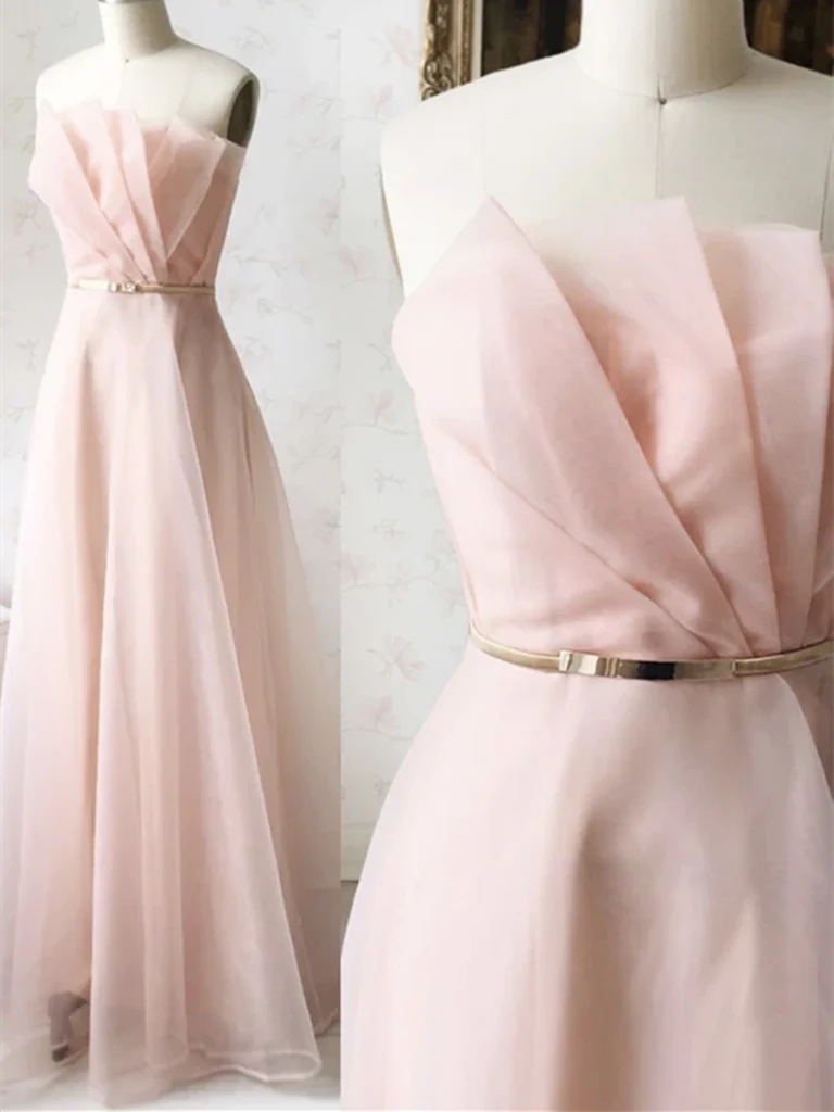 A-line Strapless Tulle Long Prom Dresses Formal Evening Dresses